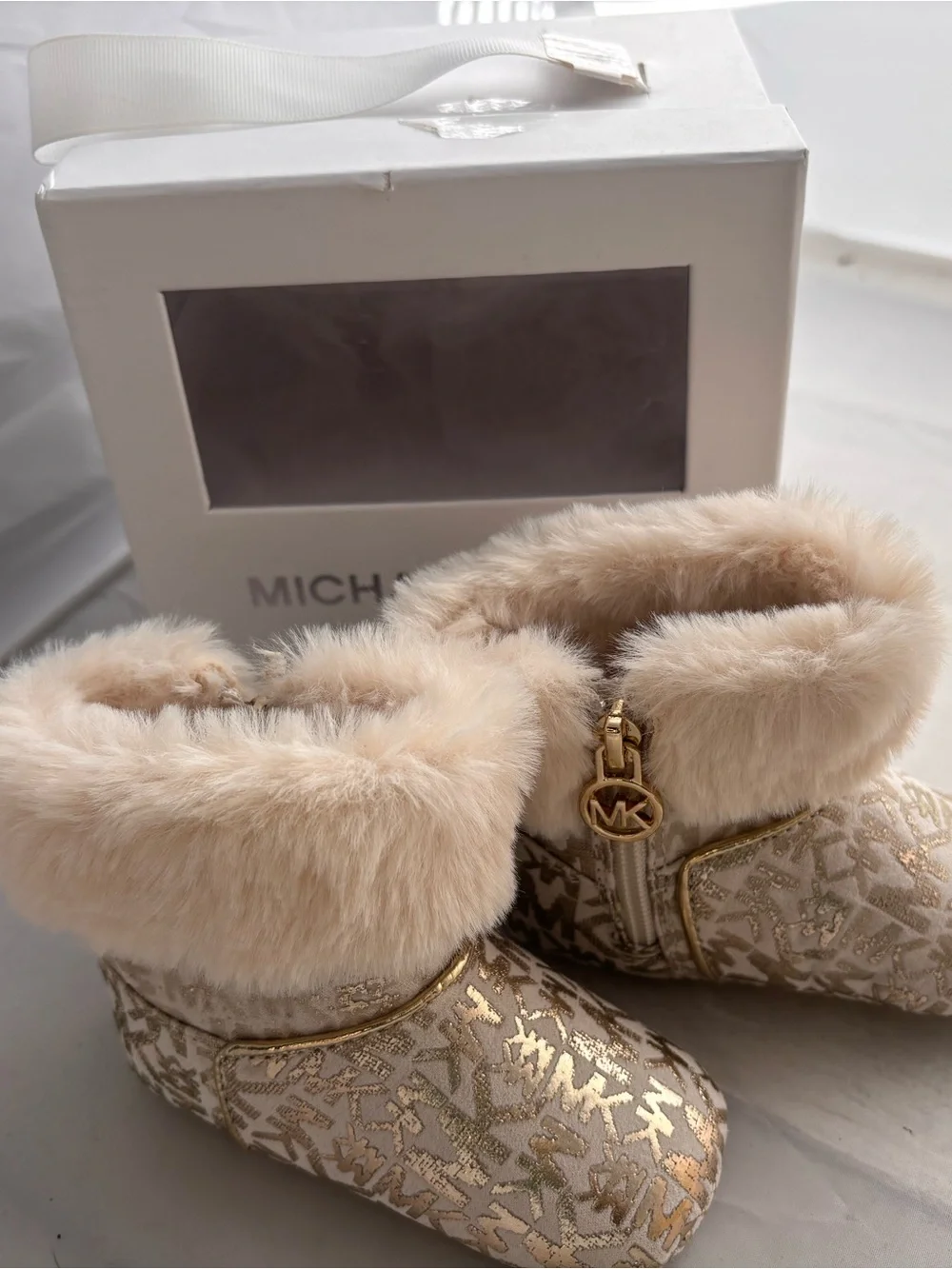 Michael Kors Baby Faux-Fur Trim Gold Logo Booties - Size 3